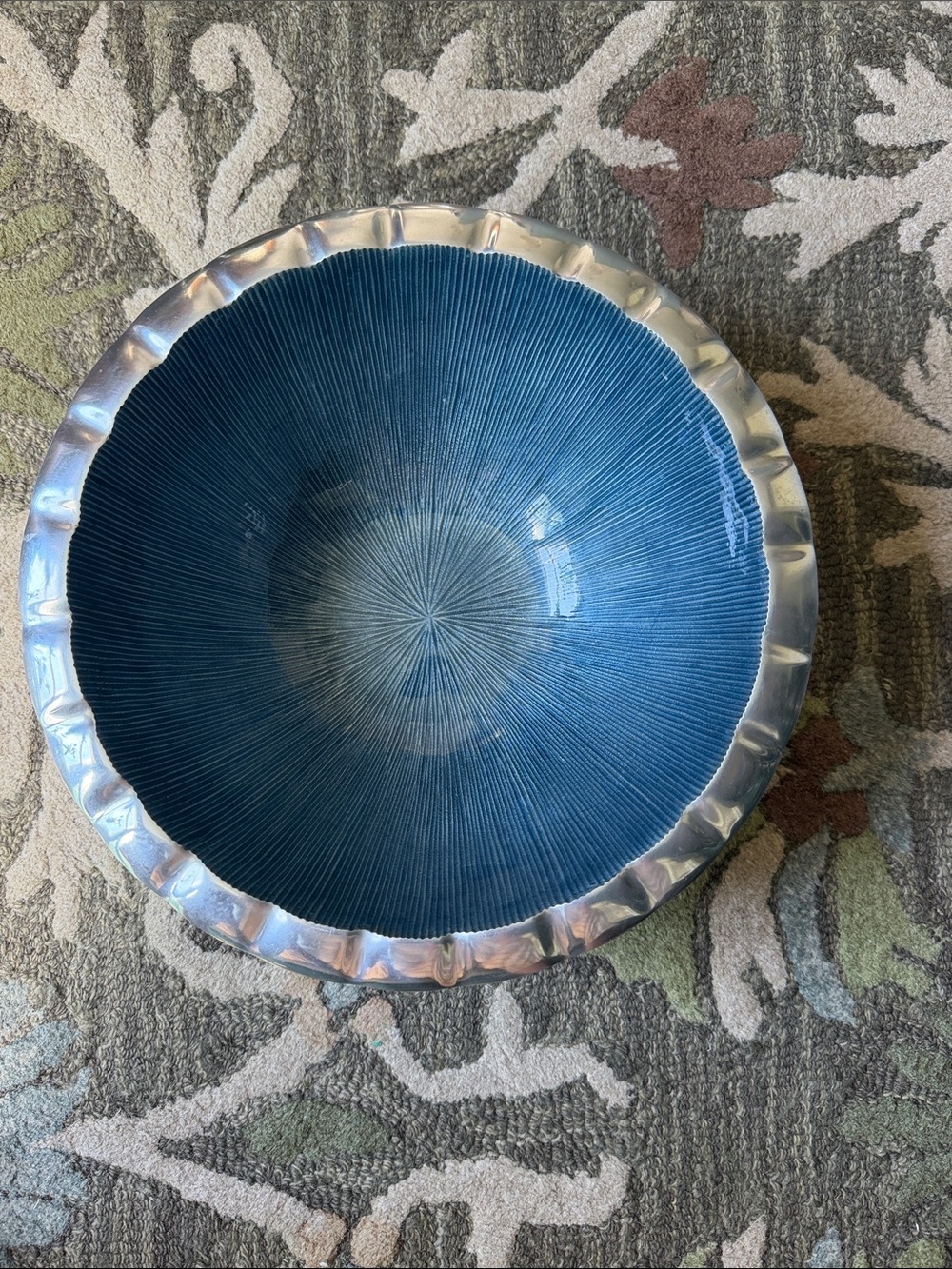Blue Ceramic Decorative Bowl with Silver Rim